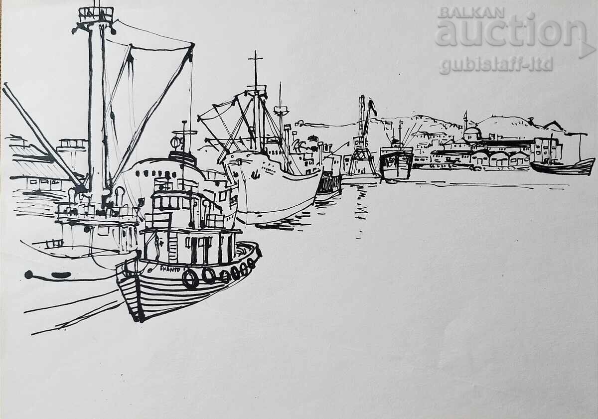 Painting, drawing, harbor, artist Hans Mau (1915-1989) - 3 Painting, drawing, harbor, artist Hans Mau (1915-1989) - 3
