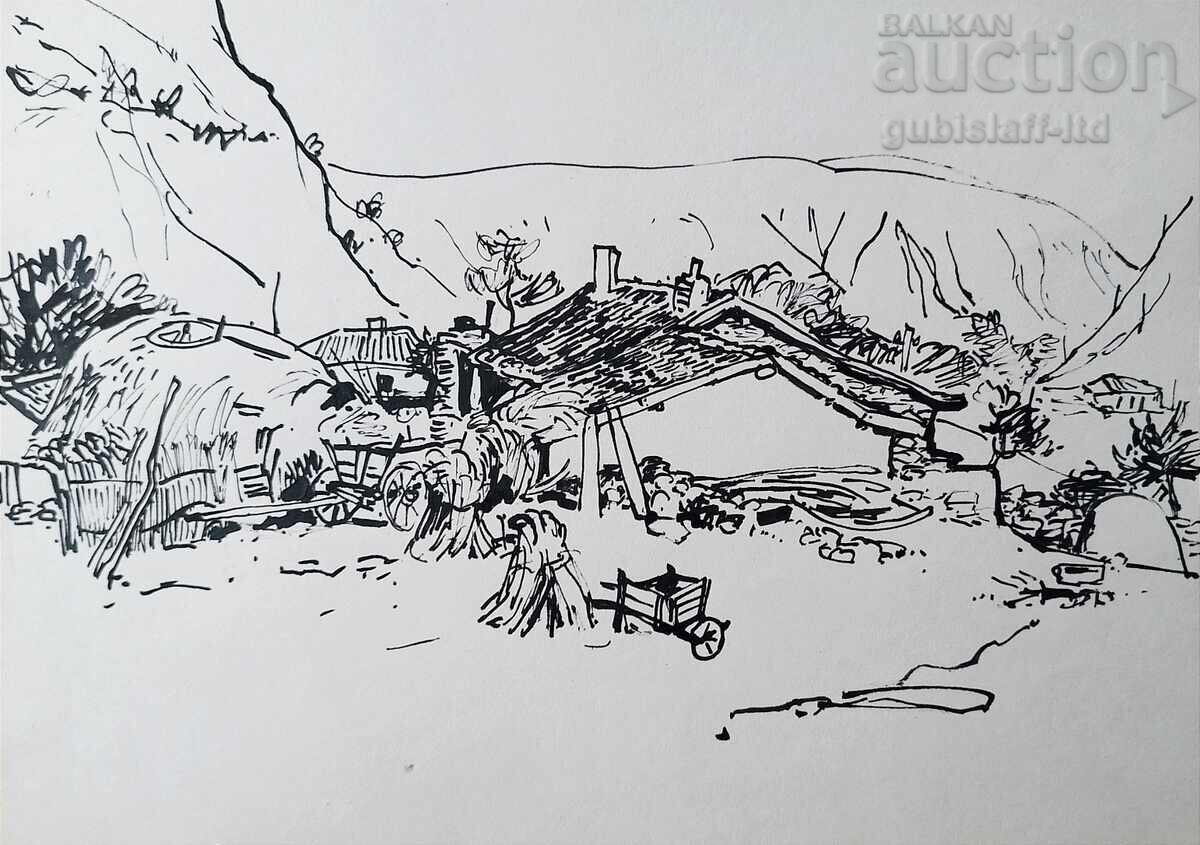 Painting, drawing, village yard, artist Hans Mau (1915-1989) - 6 Painting, drawing, village yard, artist Hans Mau (1915-1989) - 6