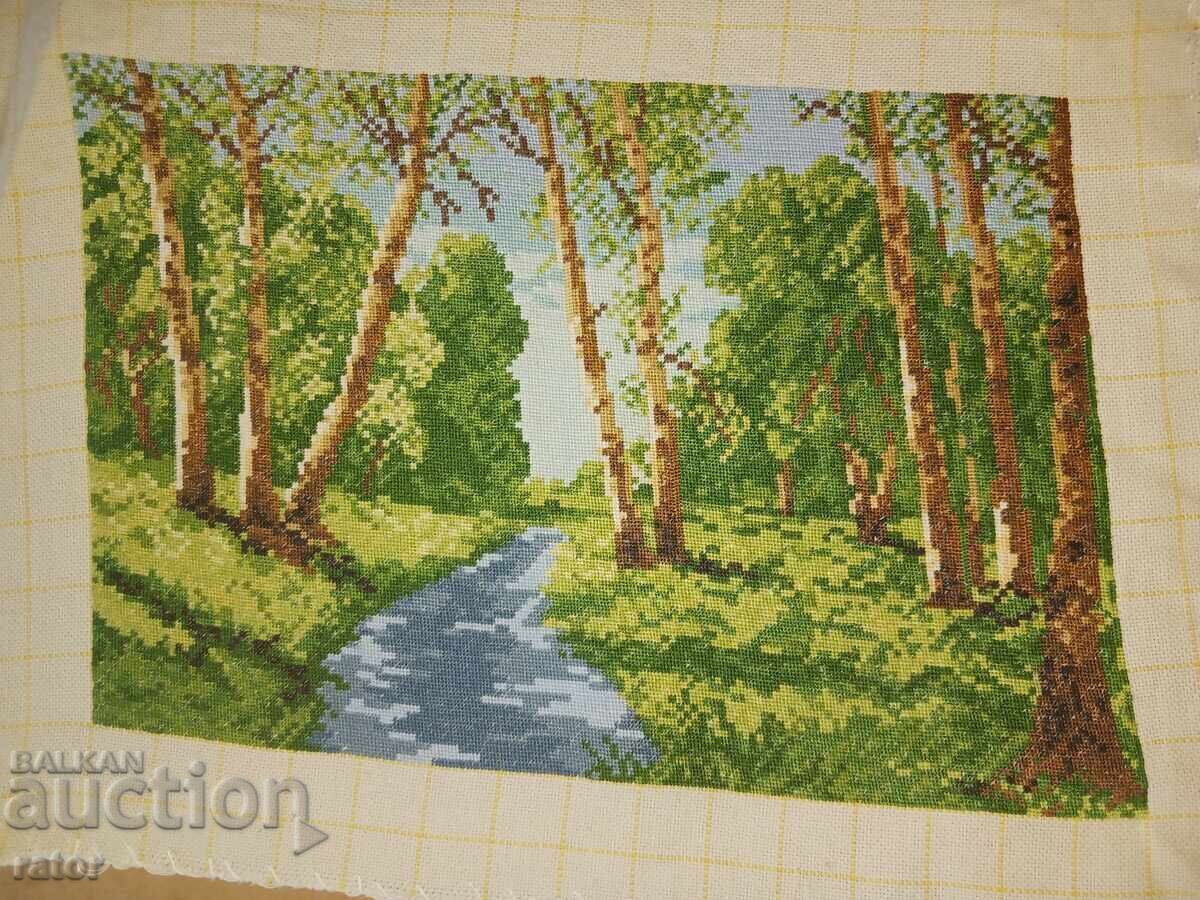 Licitație Vechi goblen cusut manual PĂDURE DE MESTEACĂN
