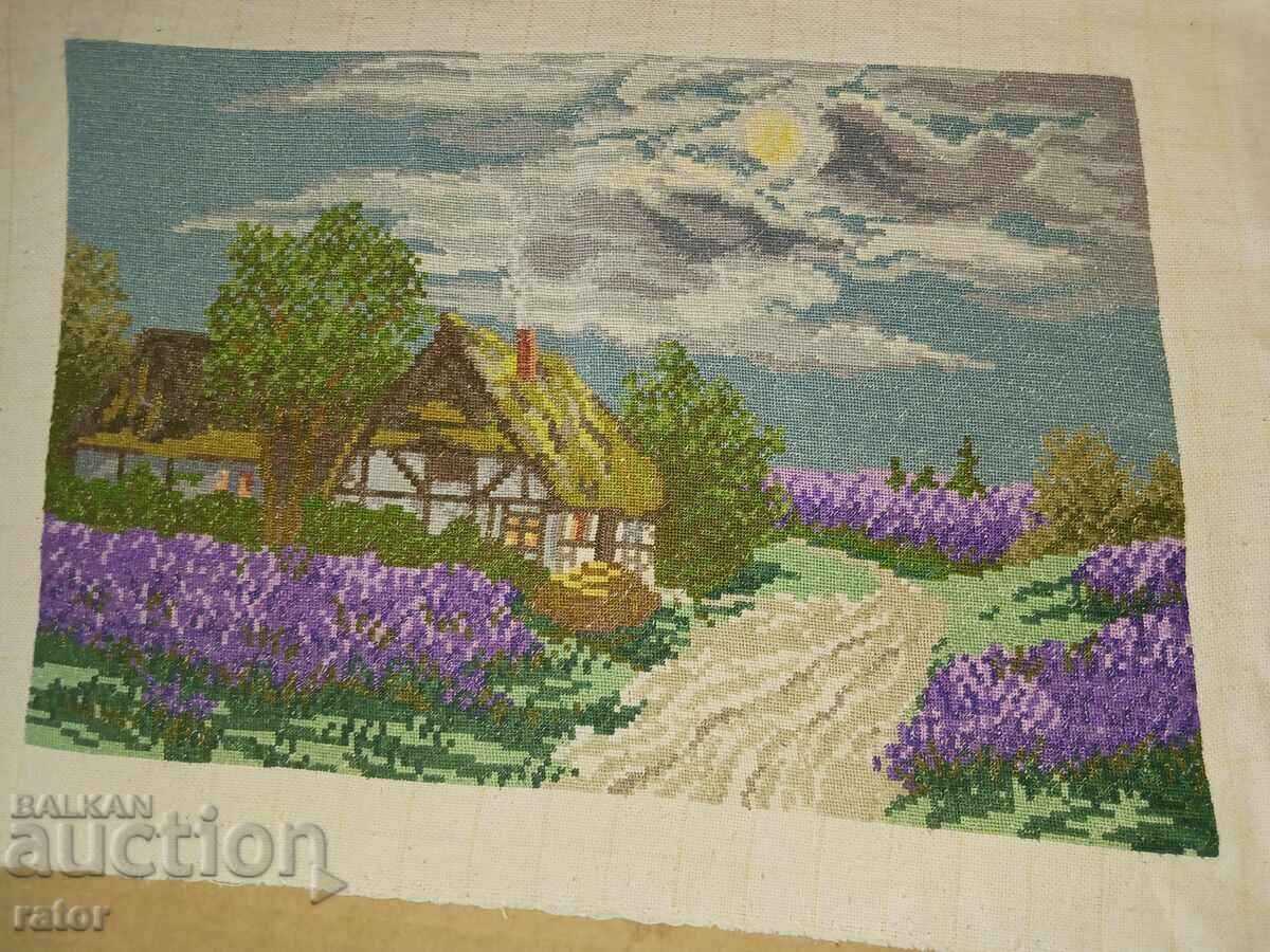 Auction  Old hand-stitched tapestry SILVER NIGHT / IRISES