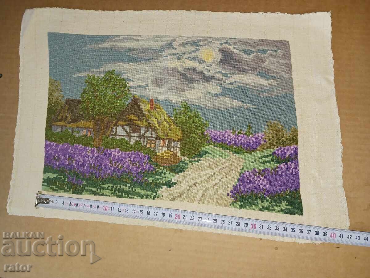 Old hand-stitched tapestry SILVER NIGHT / IRISES