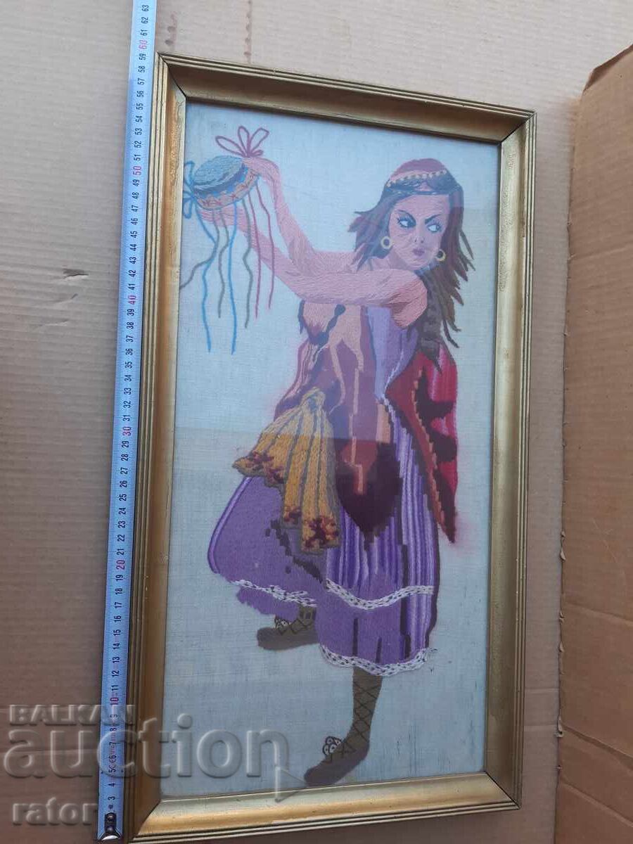 Delivery of Old hand-stitched tapestry DANCING GYPSY WITH A DAFF Delivery of Old hand-stitched tapestry DANCING GYPSY WITH A DAFF