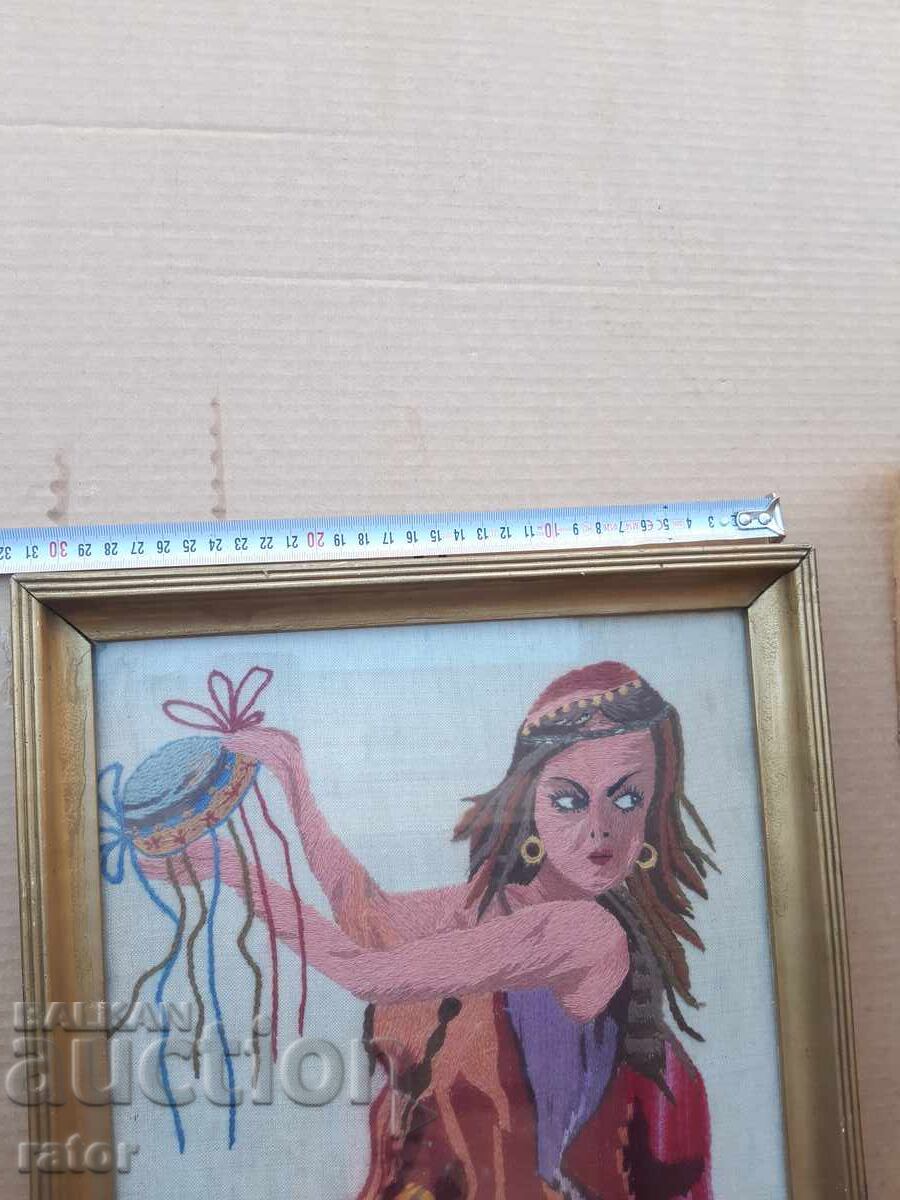 Old hand-stitched tapestry DANCING GYPSY WITH A DAFF - 5 Old hand-stitched tapestry DANCING GYPSY WITH A DAFF - 5