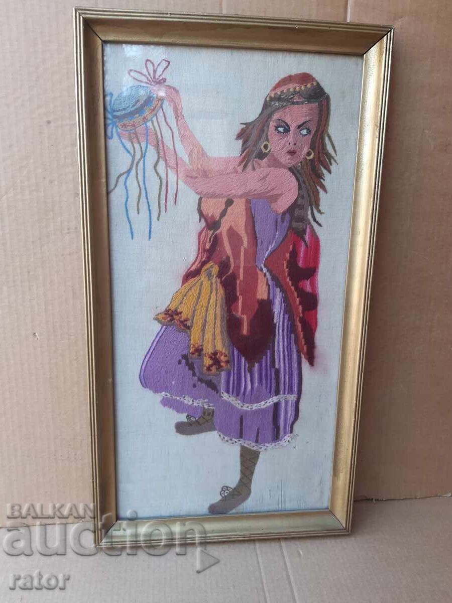 Old hand-stitched tapestry DANCING GYPSY WITH A DAFF Old hand-stitched tapestry DANCING GYPSY WITH A DAFF