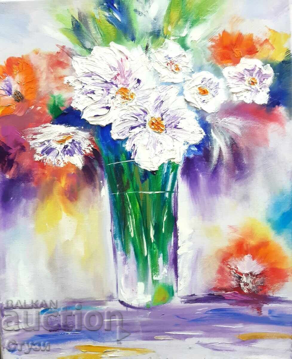 Tablou "Vază cu flori" 1, vopsele acrilice, 46x38 cm