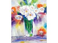 Tablou "Vază cu flori"1, vopsele acrilice, 46x38 cm-Lichidare