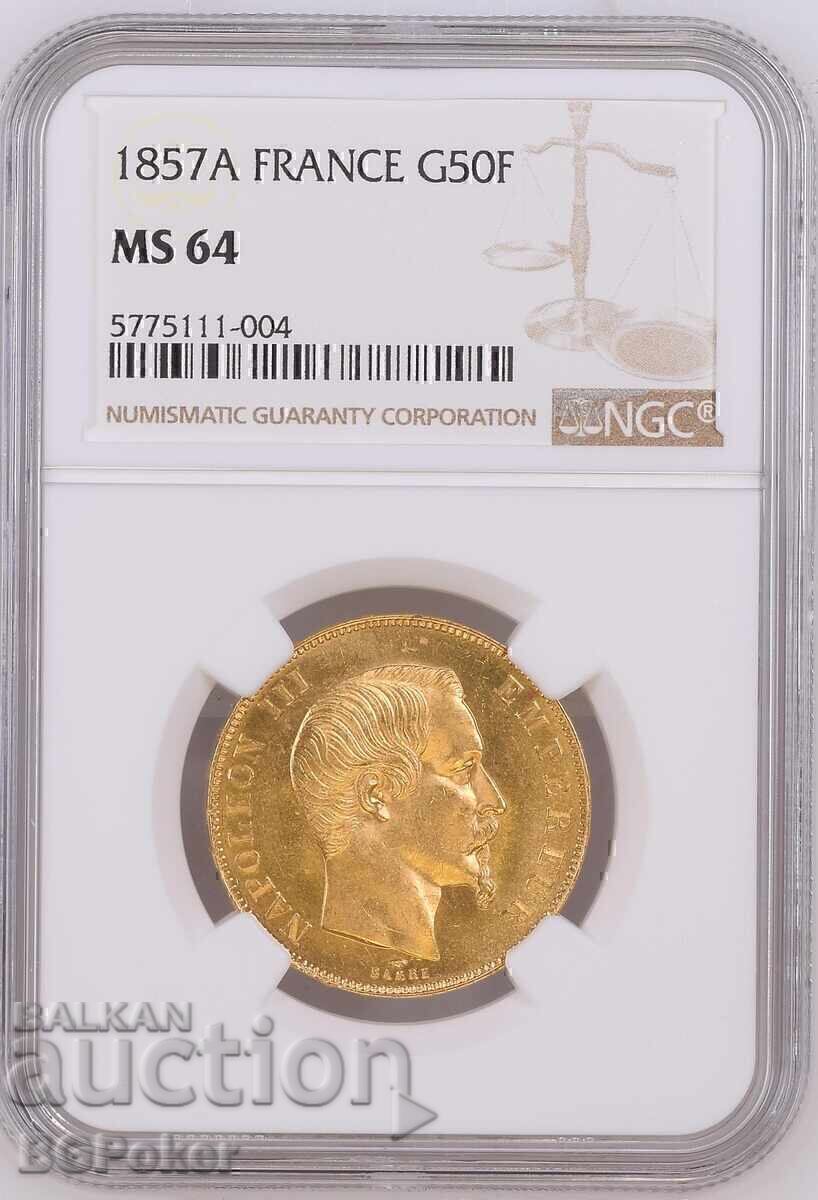 MONEDĂ DE AUR / 1857A Franța 50 Franci Napoleon III NGC MS64