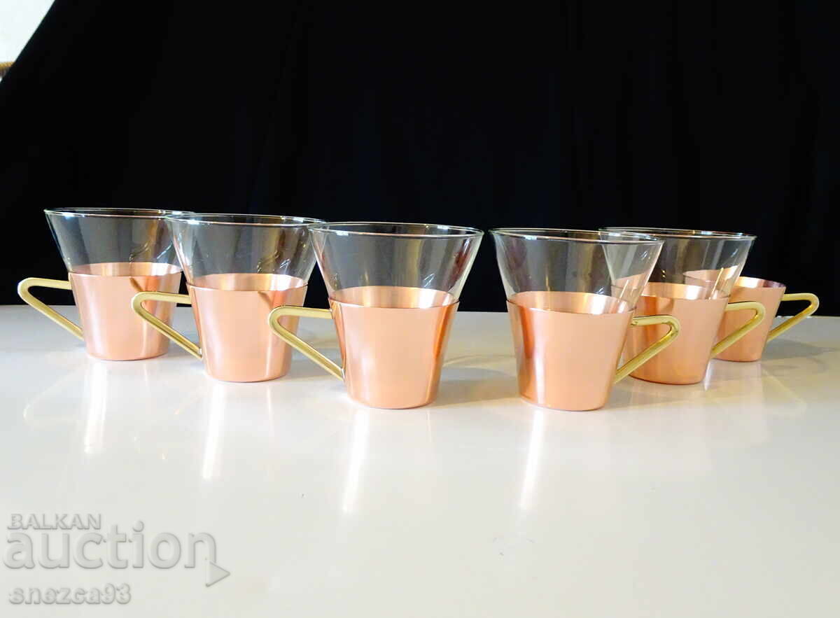 Copper rakia cups plus a glass one for coffee with price 60.00 BGN | € 30.68 Copper rakia cups plus a glass one for coffee with price 60.00 BGN | € 30.68