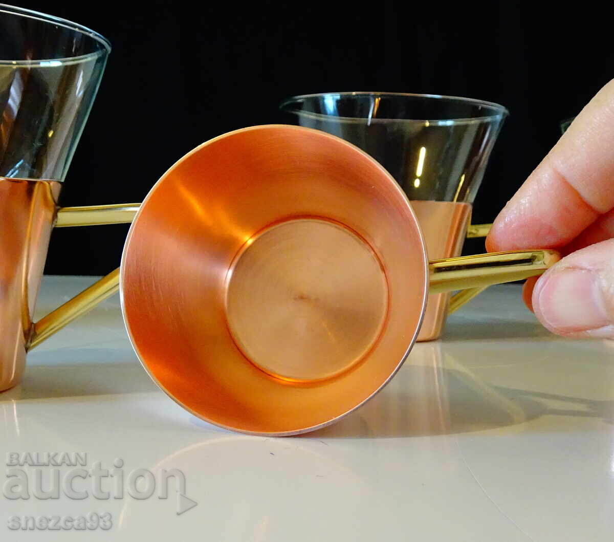 Delivery of Copper rakia cups plus a glass one for coffee Delivery of Copper rakia cups plus a glass one for coffee