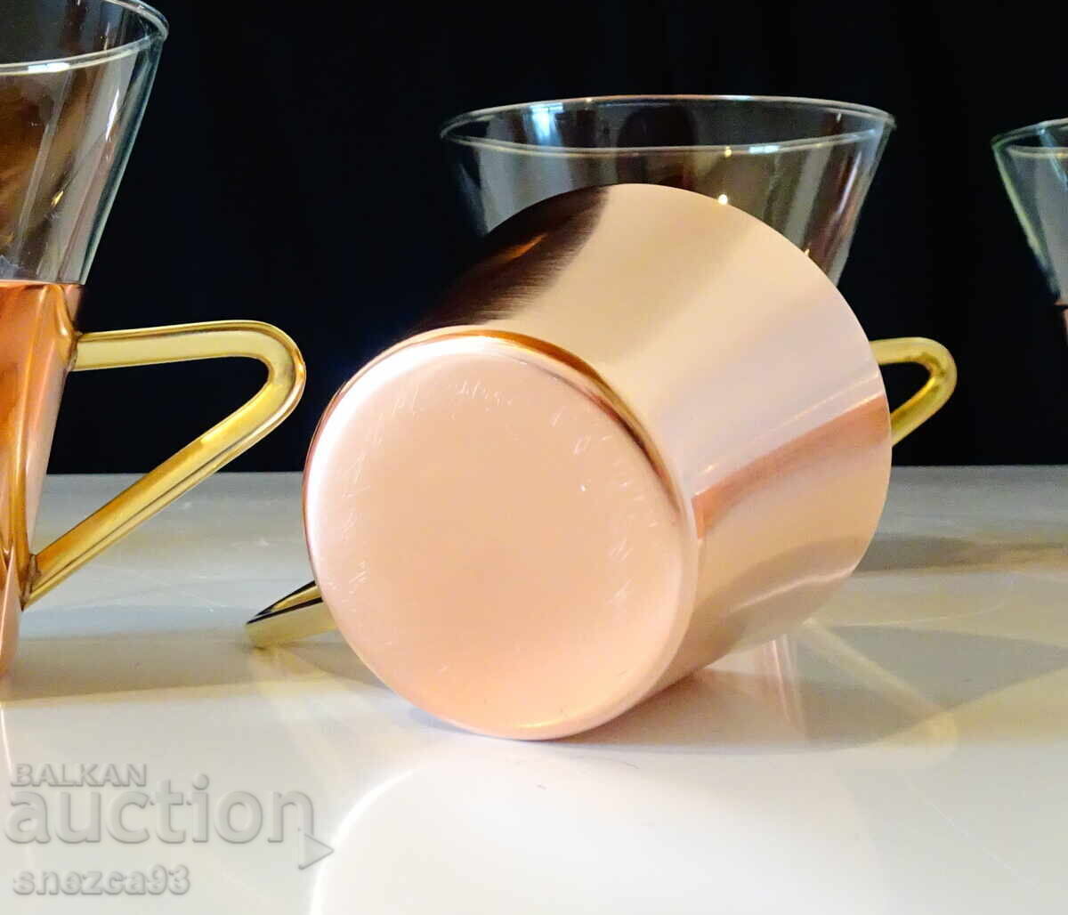 Copper rakia cups plus a glass one for coffee - 5 Copper rakia cups plus a glass one for coffee - 5