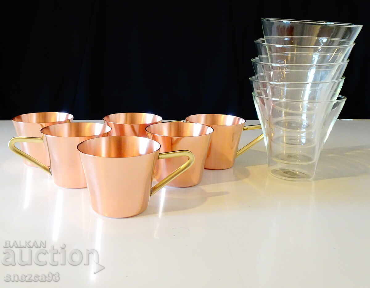 Copper rakia cups plus a glass one for coffee Copper rakia cups plus a glass one for coffee