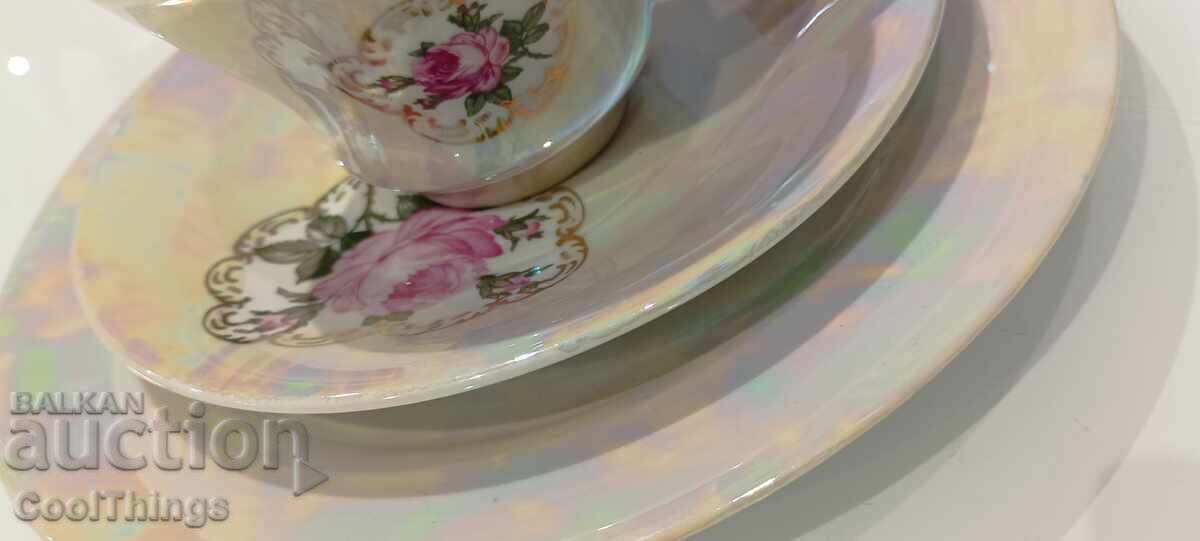 Three-piece porcelain coffee set, marked with price 30.00 BGN | € 15.34 Three-piece porcelain coffee set, marked with price 30.00 BGN | € 15.34