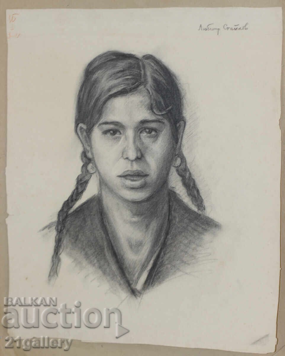 Licitație Desen vechi în creion, portret de fată, semnat
