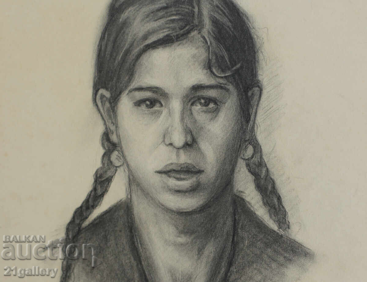 Desen vechi în creion, portret de fată, semnat - 6