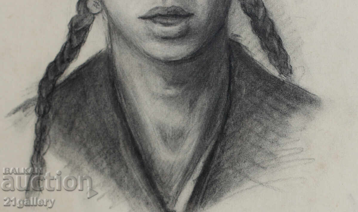 Desen vechi în creion, portret de fată, semnat - 7
