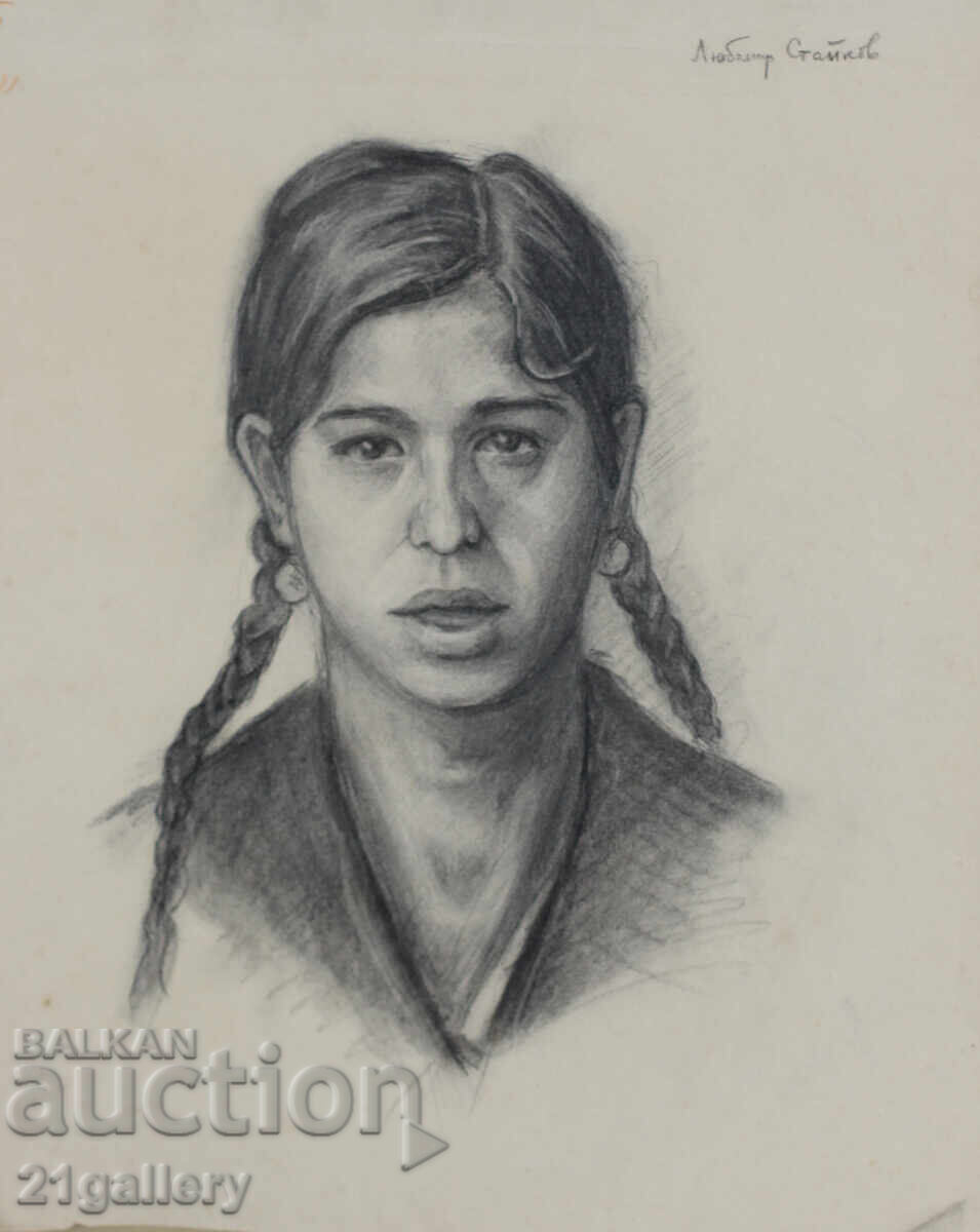 Desen vechi în creion, portret de fată, semnat