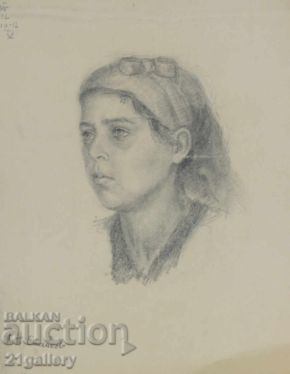 Desen vechi în creion, portret de fată, semnat cu preț 250.00 BGN | € 127.82