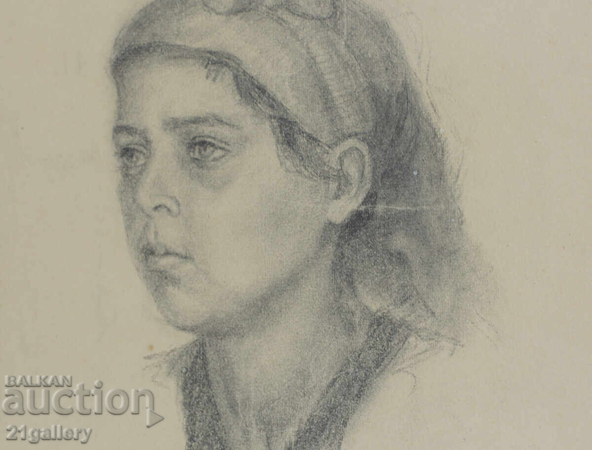 Desen vechi în creion, portret de fată, semnat - 7