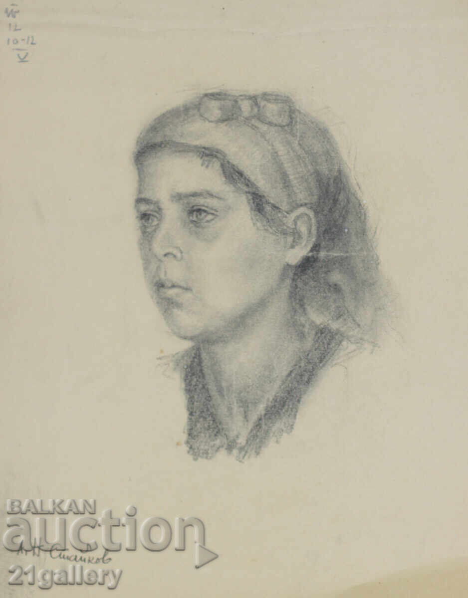 Desen vechi în creion, portret de fată, semnat