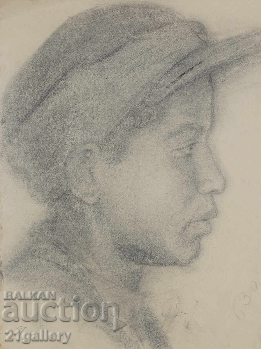 Old pencil drawing portrait of a boy, signed