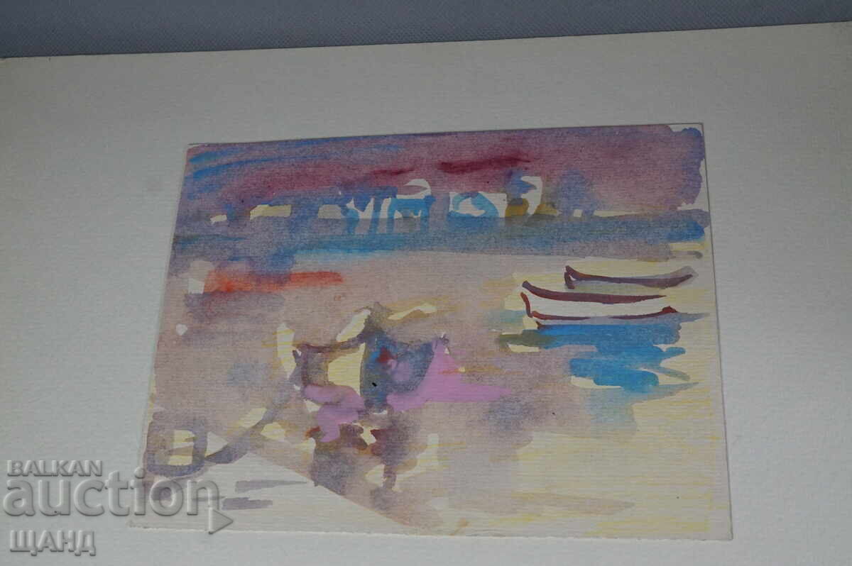 Стара Майсторска рисунка картина акварел морски пейзаж лодки с цена 10.00 лв. | € 5.11