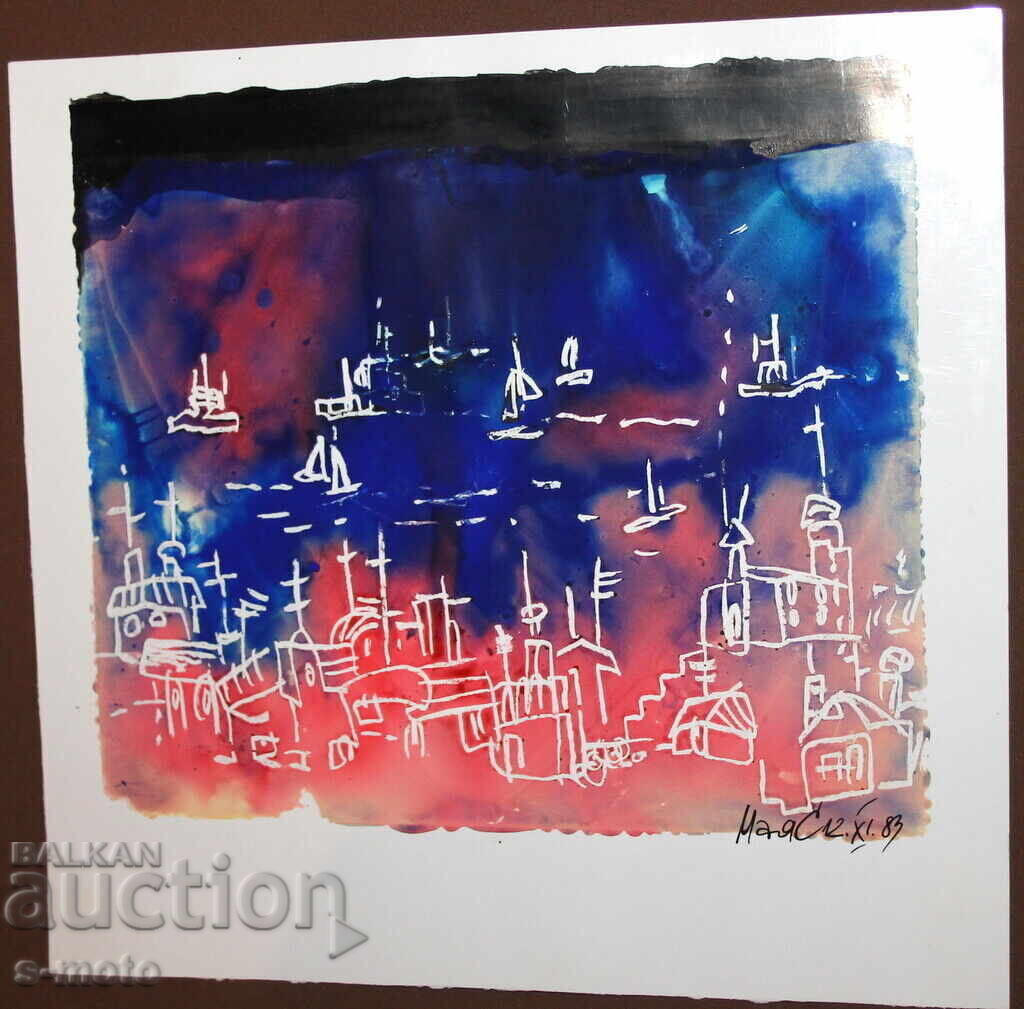 Δημοπρασία Αφηρημένη ακουαρέλα ζωγραφική υπογεγραμμένη, 1983