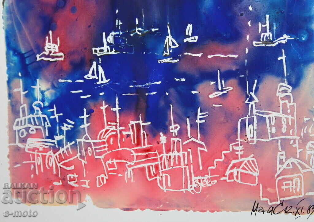 Αφηρημένη ακουαρέλα ζωγραφική υπογεγραμμένη, 1983 - 5