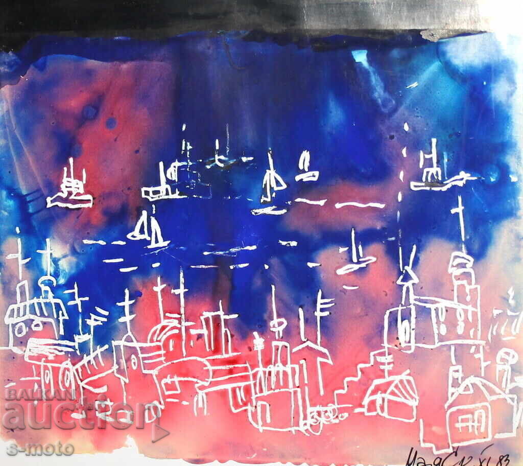 Αφηρημένη ακουαρέλα ζωγραφική υπογεγραμμένη, 1983