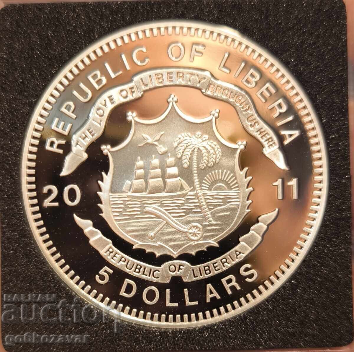 Liberia 5 Dollars 2011 Silver 0.999 Mintage 1938 pcs Proof! RR with price € 75.00 | 146.69 BGN