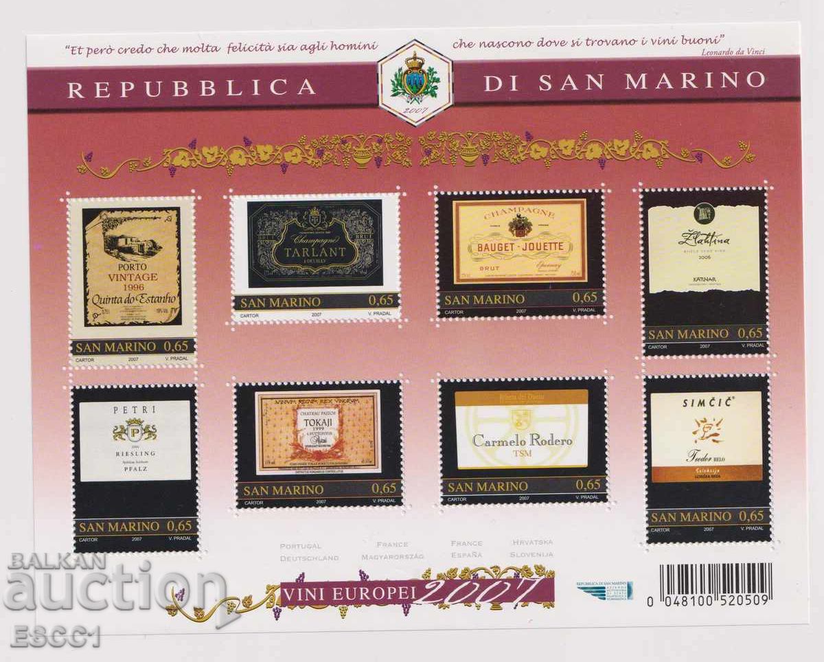 Mărci curate într-o foaie mică Vini Europene 2007 din San Marino