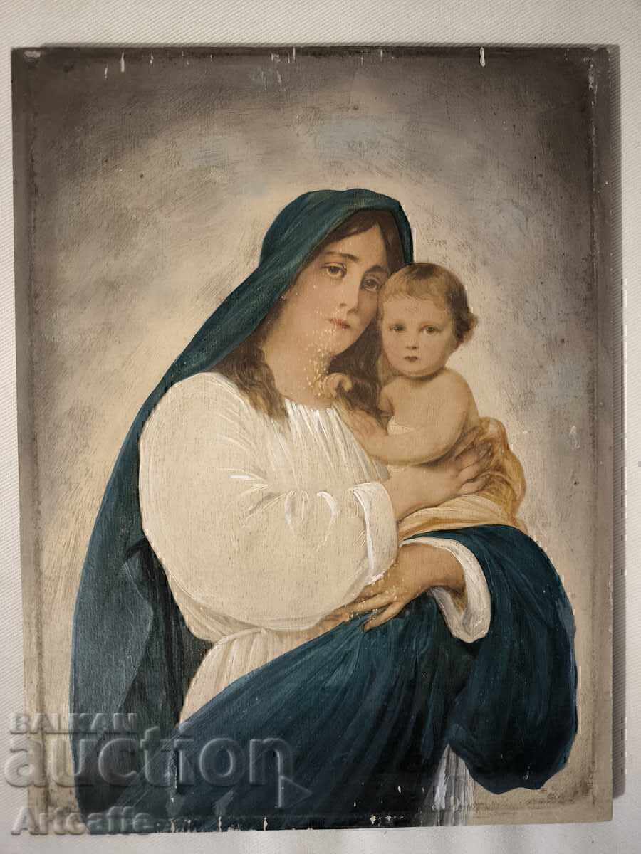 Frumoasă reproducere "Madonna cu Pruncul" pe lemn