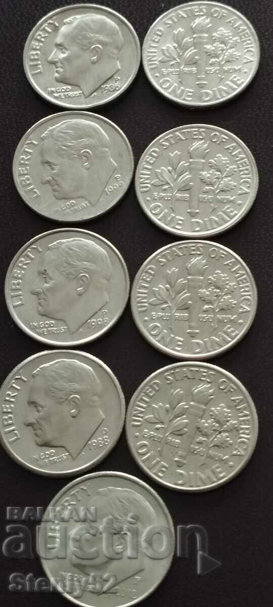 Лот 9 бр. one dime US от различни години. с цена 20.00 лв. | € 10.23
