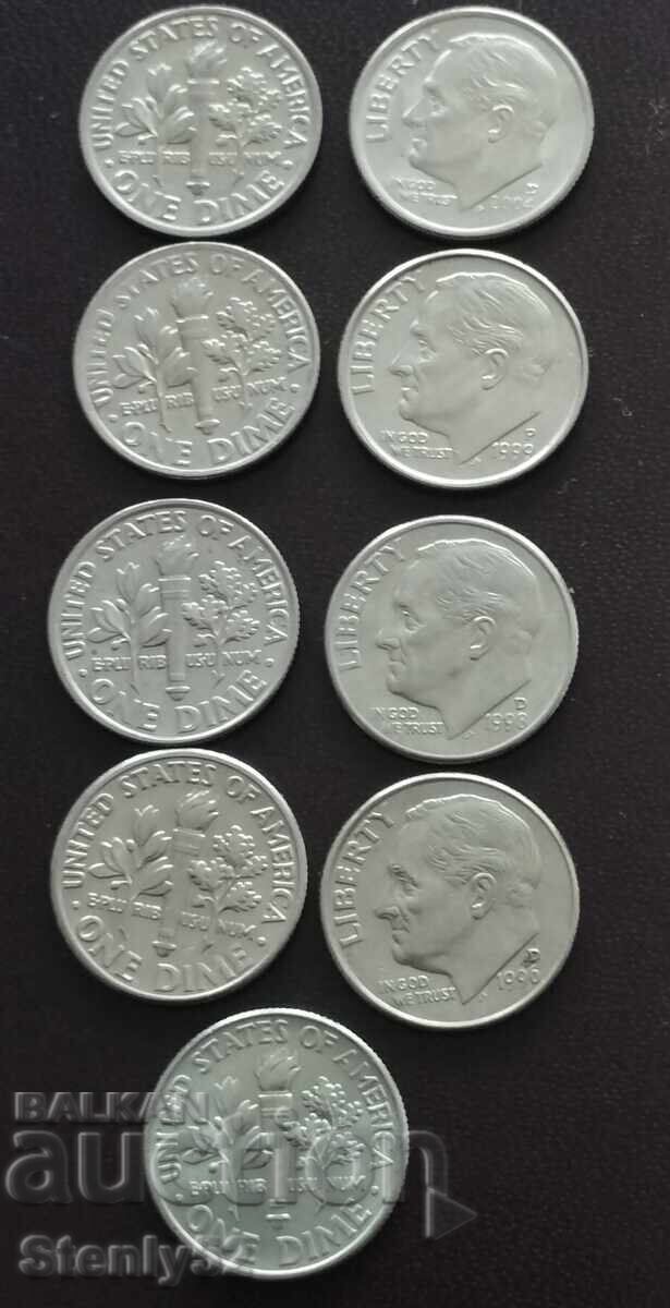 Лот 9 бр. one dime US от различни години.
