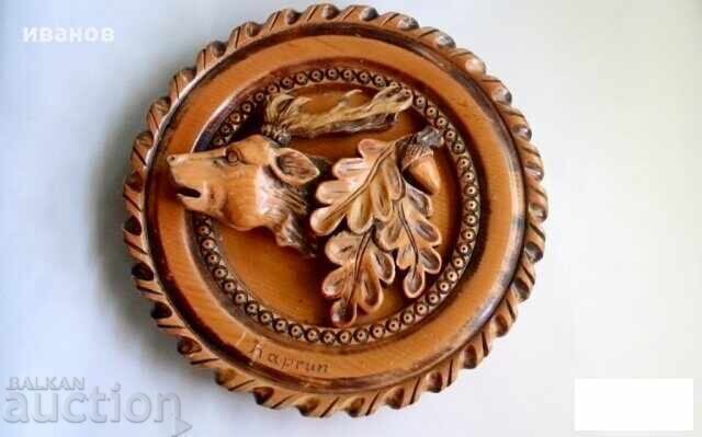 Wood carving panel - wall plate deer