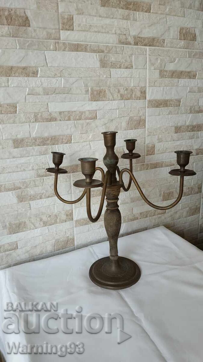 Аукцион Голям стар свещник - месинг и дърво - 34см - Антика Аукцион Голям стар свещник - месинг и дърво - 34см - Антика