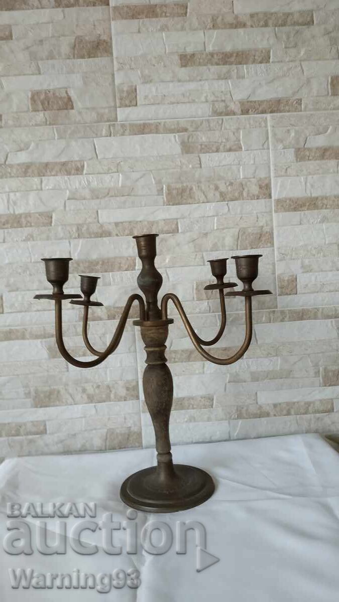 Голям стар свещник - месинг и дърво - 34см - Антика - 5 Голям стар свещник - месинг и дърво - 34см - Антика - 5