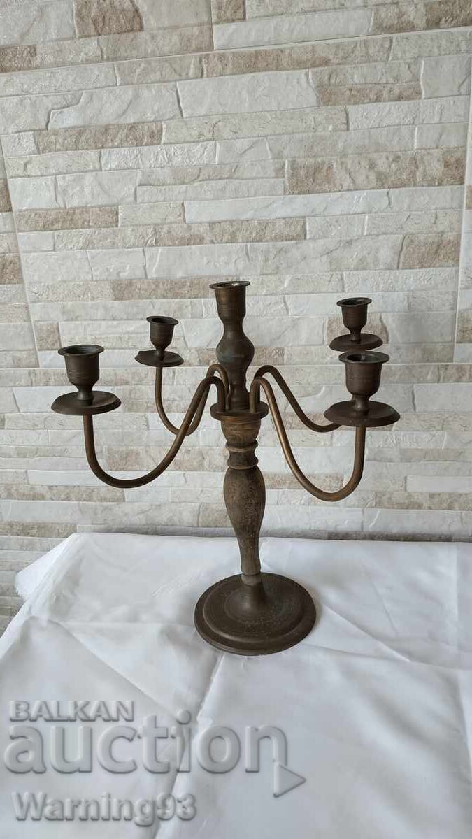 Голям стар свещник - месинг и дърво - 34см - Антика Голям стар свещник - месинг и дърво - 34см - Антика