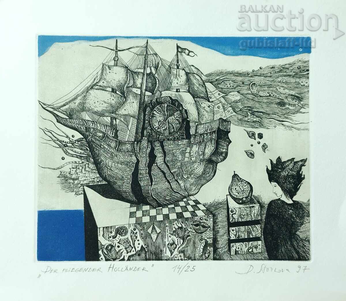 Painting, graphics "The Flying Dutchman", artist D. Stoilova, 1997 Painting, graphics "The Flying Dutchman", artist D. Stoilova, 1997