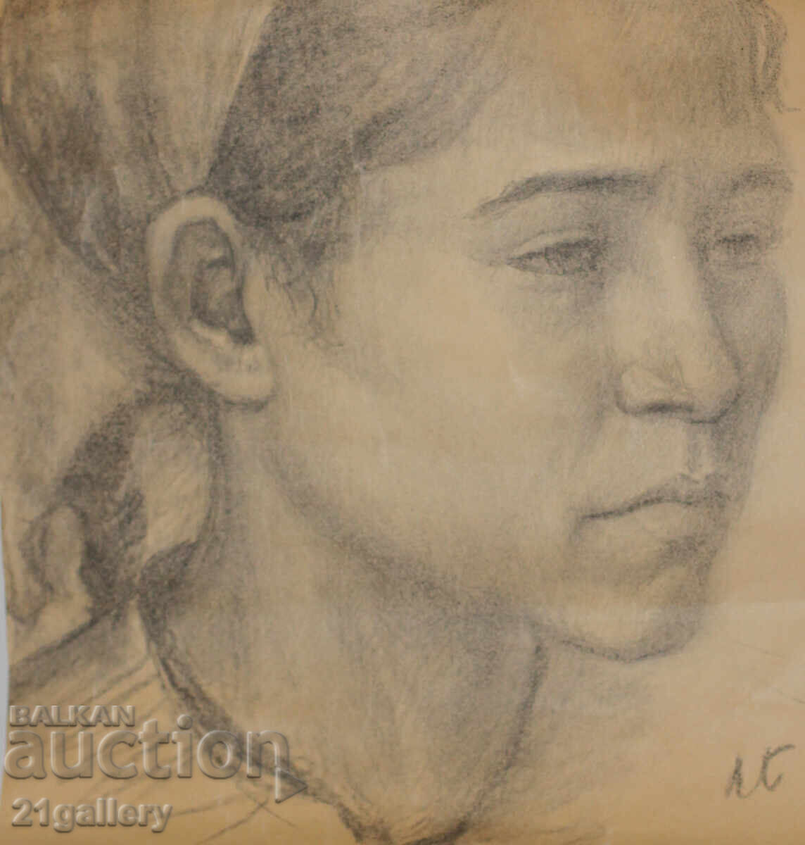 Παλιό μολυβένιο σχέδιο πορτρέτο κοριτσιού υπογεγραμμένο με τιμή 250.00 BGN | € 127.82
