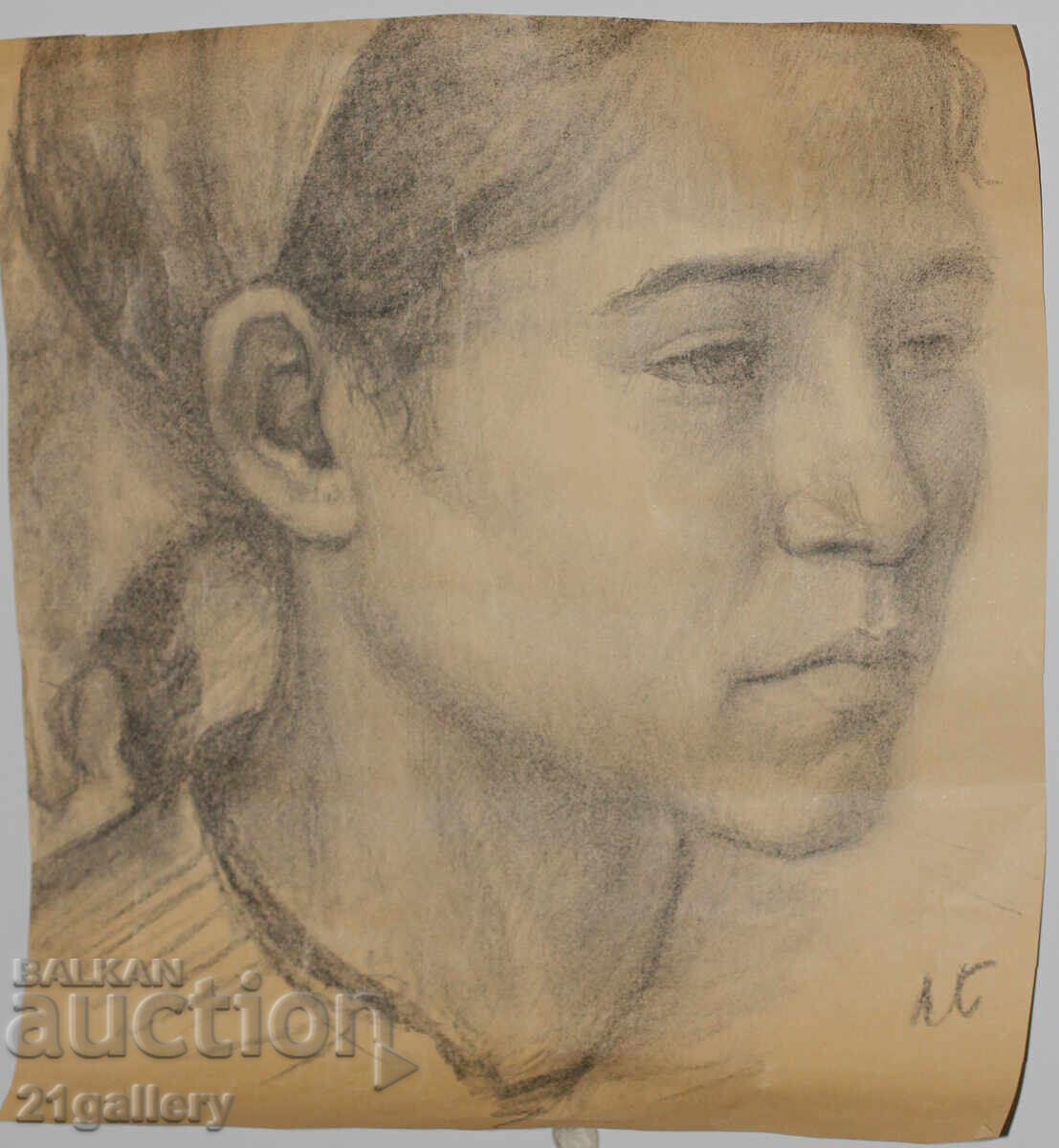 Δημοπρασία Παλιό μολυβένιο σχέδιο πορτρέτο κοριτσιού υπογεγραμμένο