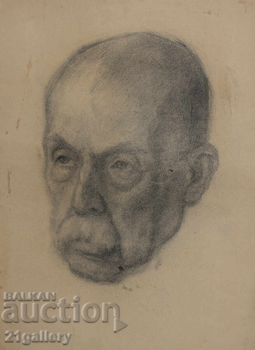 Δημοπρασία Παλιό μολύβι σχέδιο πορτρέτο ηλικιωμένου άνδρα υπογεγραμμένο