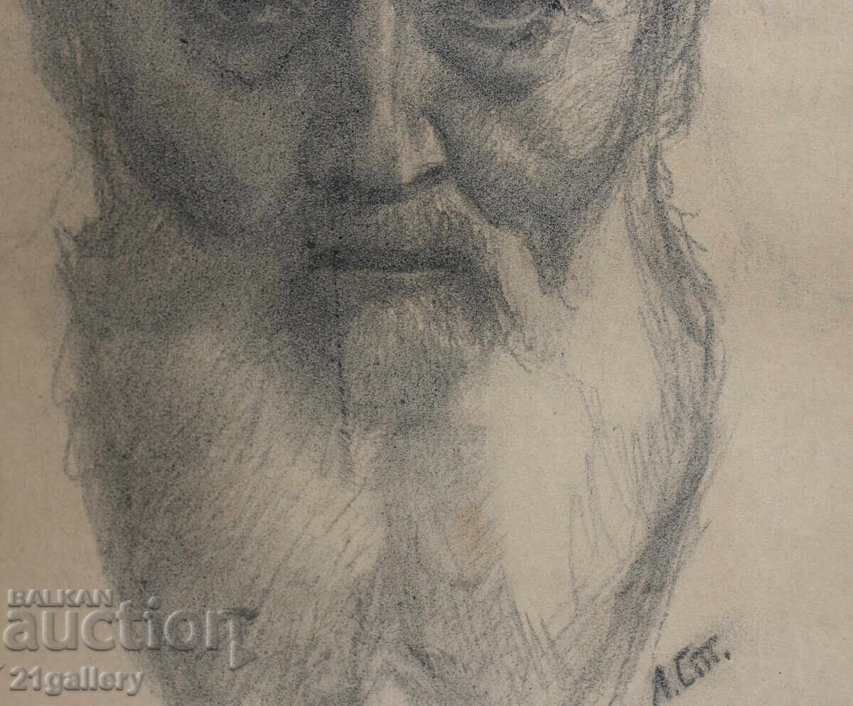 Old pencil drawing portrait of an elderly man, signed - 6