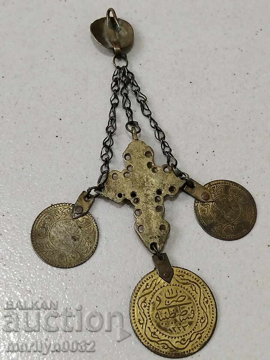 Auction  Vintage jewelry pendant with a sparkling spike, gold-plated cross, coins