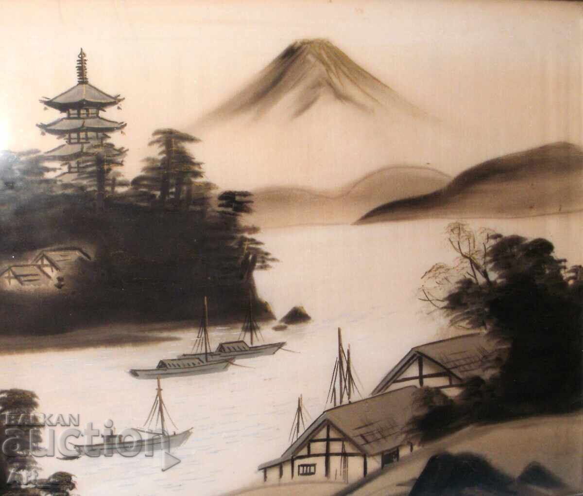 Δημοπρασία Ακουαρέλα τέχνη για τοίχο με ιαπωνικά μοτίβα σε μετάξι