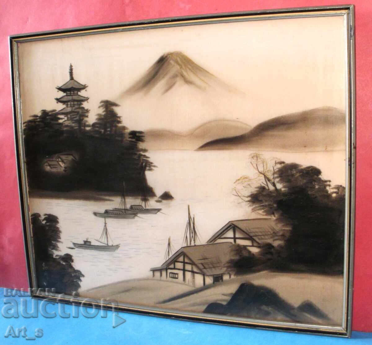 Παράδοση Ακουαρέλα τέχνη για τοίχο με ιαπωνικά μοτίβα σε μετάξι