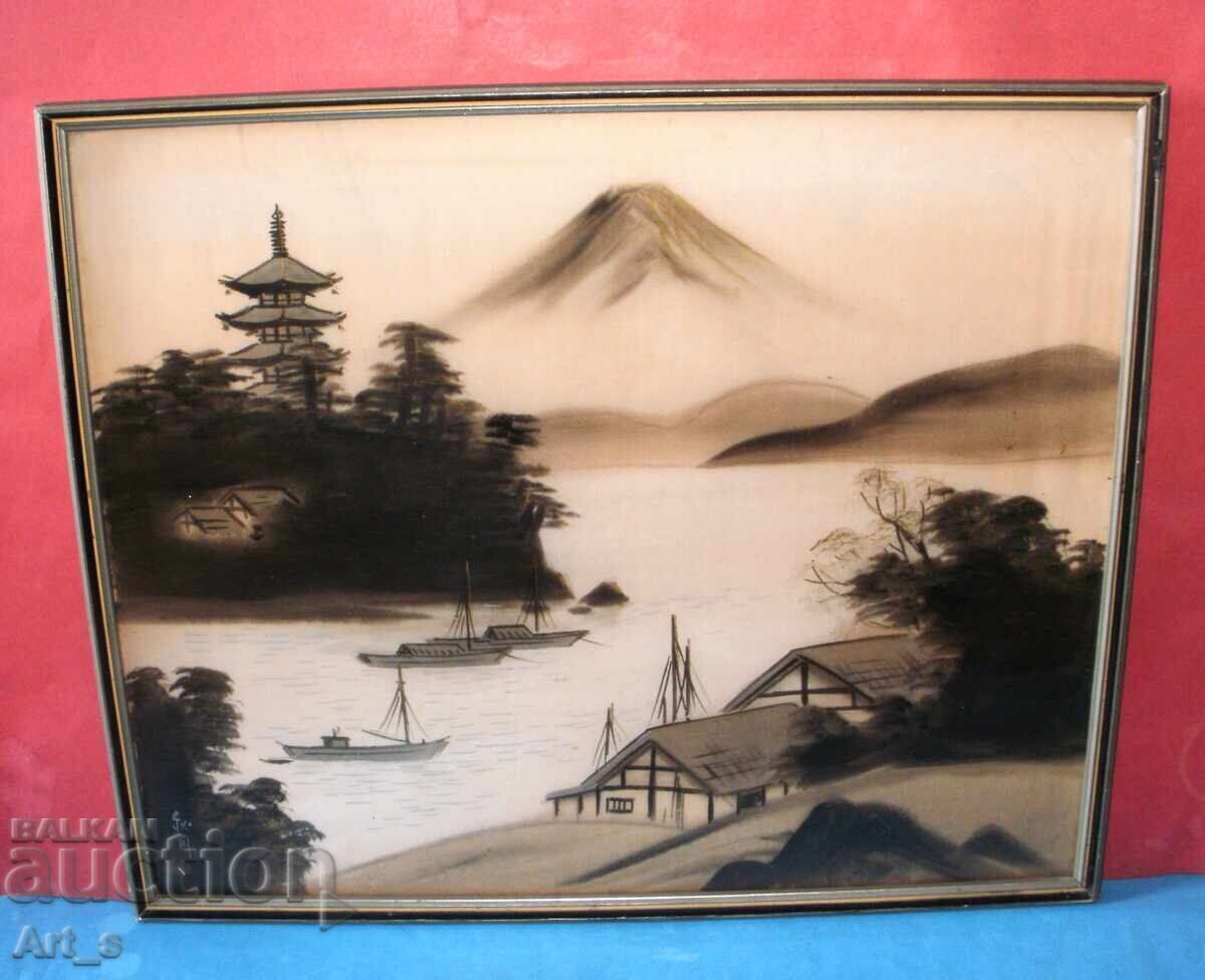 Ακουαρέλα τέχνη για τοίχο με ιαπωνικά μοτίβα σε μετάξι