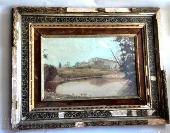 Tablou vechi în ulei din Franța, secolul al XIX-lea, cu ștampilă pe ramă Tablou vechi în ulei din Franța, secolul al XIX-lea, cu ștampilă pe ramă