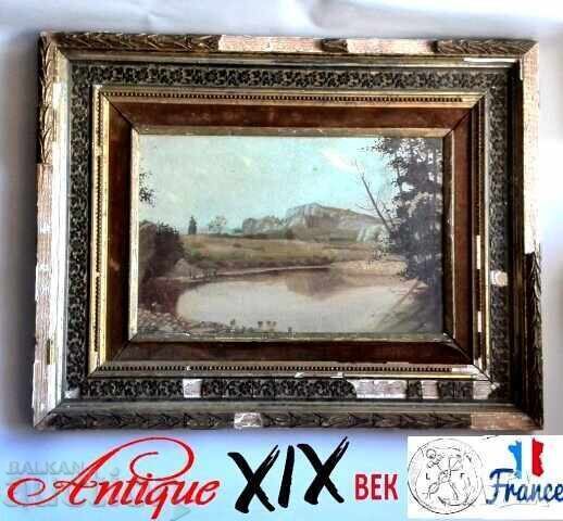 Tablou vechi în ulei din Franța, secolul al XIX-lea, cu ștampilă pe ramă