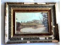 Tablou vechi în ulei din Franța, secolul al XIX-lea, cu ștampilă pe ramă