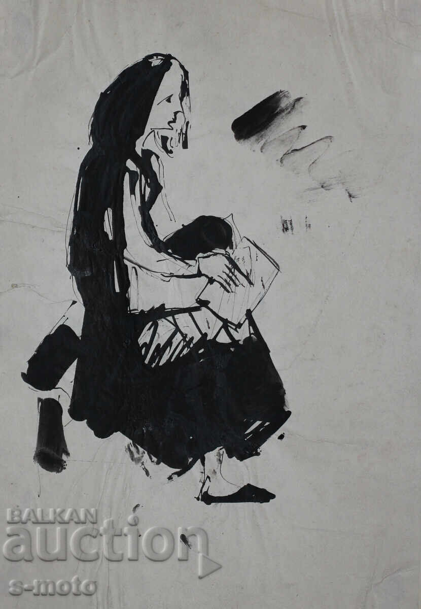 Παλιά μελανογραφία, καθισμένη γυναίκα, μέσα 20ου αιώνα με τιμή 180.00 BGN | € 92.03